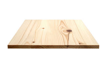 A natural, light-toned wood plank, presented at a slight angle against a pure black background. The board displays visible grain and knots