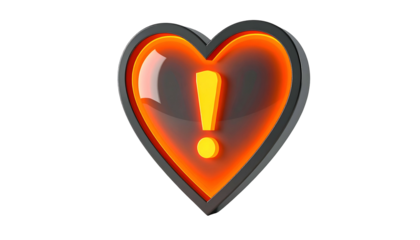 A heart-shaped graphic features an outer dark gray frame, enclosing an orange glowing interior. The heart itself is filled with a glassy, transparent design, housing a bright yellow exclamation point