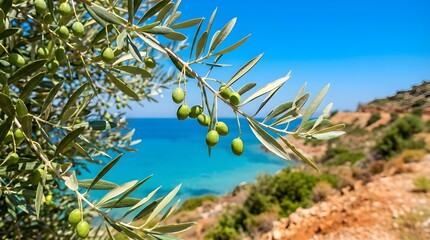 Close-Up of Olive Tree Branch with Green Olives Overlooking Mediterranean Coastline