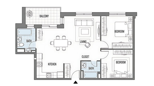 Modern apartment floor plan with two bedrooms and balcony