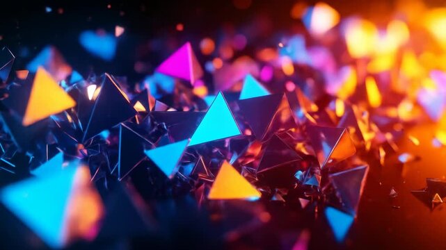 Abstract triangular shapes are scattered and illuminated with orange and blue light.