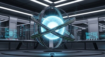 Futuristic Core Energy Device in Advanced Lab with UI Displays