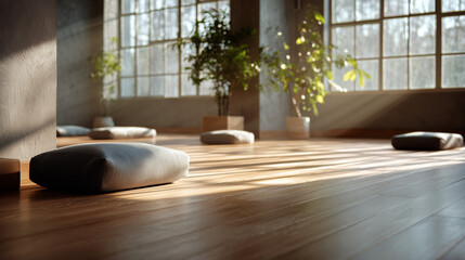 Serene Morning Yoga Studio Scene With Sunlit Wood Floor And Cushions