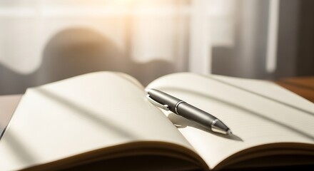 Open Notebook with Pen on Pages in Warm Sunlight and Shadows - Study C