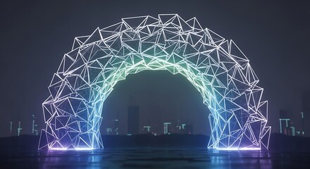 Abstract Neon Polygonal Archway Gate in Futuristic Night City