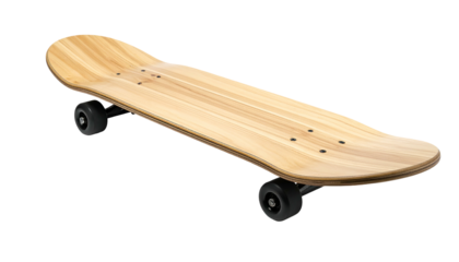 A close-up studio shot shows a wooden skateboard against a stark black background. The deck, wheels, and hardware are clearly visible