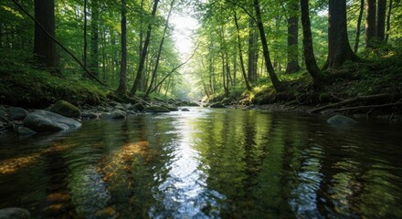 Fototapeta premium Sunlit stream meanders through lush green forest. Reflections shimmer