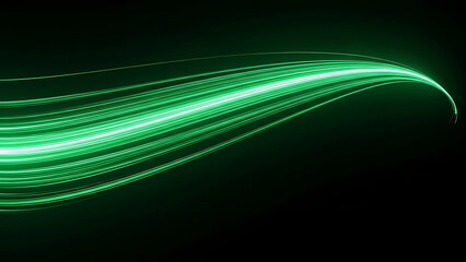 Bright green glowing light streaks flowing across dark background image