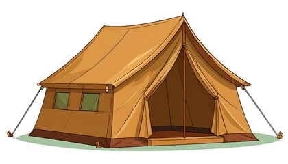 Illustration of a classic camping tent, pitched on grass, featuring open entrance and small windows