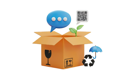 Cardboard box with plant, speech bubble, QR code, umbrella, and recycle symbol