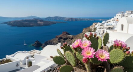 Obraz premium Coastal view pink flowers frame white buildings and the vast ocean