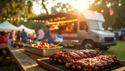Outdoor cookout with food truck and ribs on a picnic table