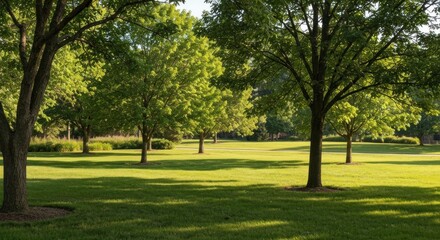 Fototapeta premium Sun-dappled grassy park with trees casting long shadows