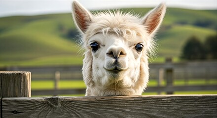 Close up of a fluffy white alpaca with a curious expression peeking over a wooden fence outdoors