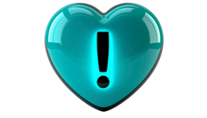 A 3D rendered, glossy turquoise heart shape against a black background. An exclamation mark glows from within