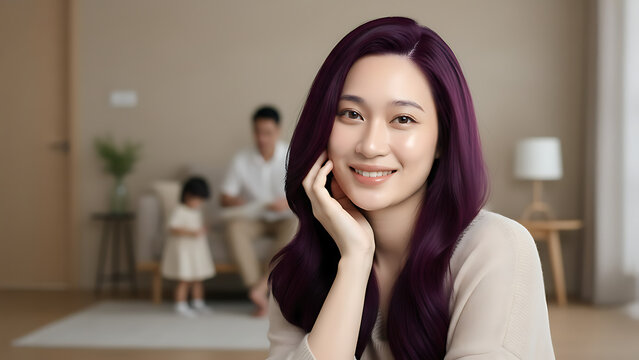 A smiling woman with vibrant purple hair in a cozy home setting with family in the background.