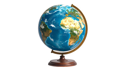 A 3D rendered globe, depicting the Earth's continents and oceans, mounted on a wooden stand against a dark background