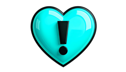 A 3D heart, in bright turquoise, with a black border and exclamation point, isolated against a dark background