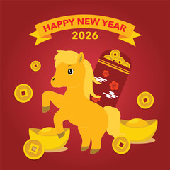 Year of the horse postcard and wealthy new year icon