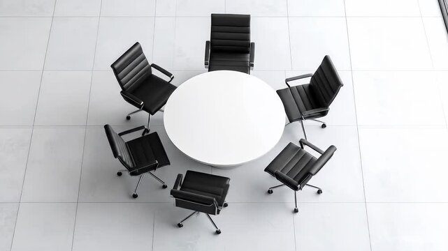 Minimalist meeting space with a round white table surrounded by black leather chairs.