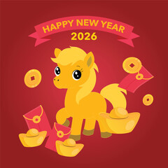 Year of the horse postcard and wealthy new year icon