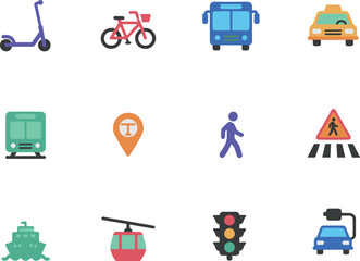 Transportation and Urban Mobility Flat Vector Icon Set Including Bus Train Scooter Taxi Bicycle Ship and Traffic Light Signage © Wang