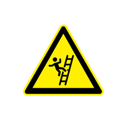 Ladder fall hazard sign. Fall warning sign. Use ladders with caution. Yellow triangular safety sign warns workers of the risk of falling from ladders and other falls while working. Ladder Symbol Sign