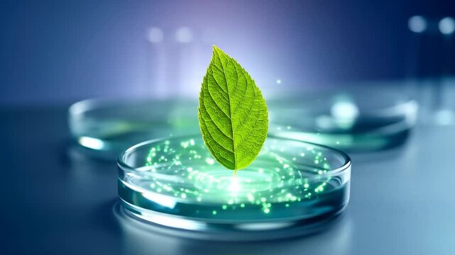 Green leaf standing in a petri dish with glowing green lights.