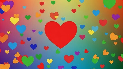 Colorful hearts on a rainbow background with a large red heart
