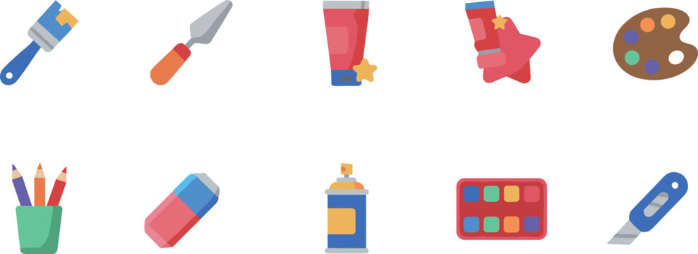 Artistic Painting and Drawing Supplies Flat Icon Set Including Paint Brush Palette Watercolor Spray Can Eraser and Art Tools