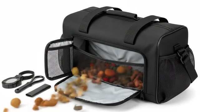 Black pet travel bag packed with treats and accessories on a white background.