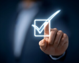 Online survey concept, Check digital questionnaire on laptop screen for satisfaction with document, approval, satisfaction, virtual, check, survey