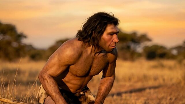The image depicts a muscular Neanderthal man walking through a grassy field. He is holding a wooden spear and wearing animal hide clothing.