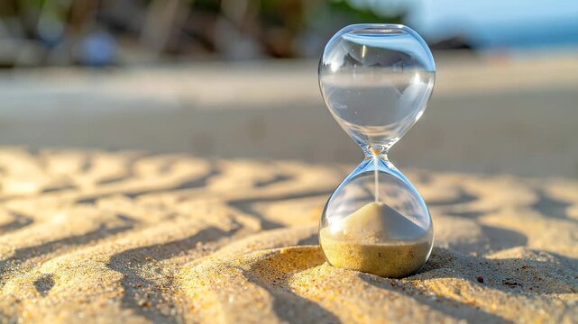Hourglass with sand running through it sitting on a sandy beach.