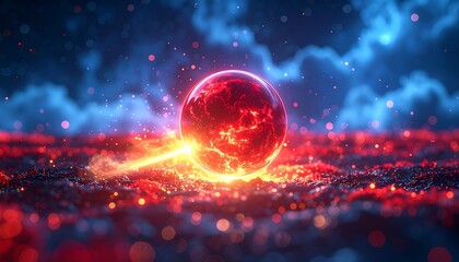 Glowing orb radiates energy amid a blurred, fiery landscape with ethereal clouds