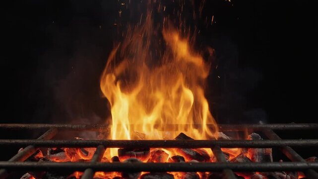 Close-up of a vibrant barbecue grill fire with glowing embers and dancing flames.