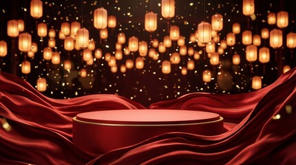 Red silk draped display podium with golden rim, set against a dark background illuminated by traditional Chinese lanterns and festive falling gold confetti/bokeh.