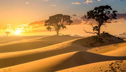Sunset bathes desert dunes in golden light, silhouetting trees against a vibrant sky