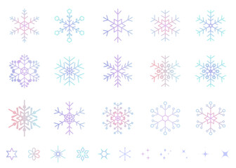 ペールトーンのグラデーションの雪の結晶のイラストセット　ベクター背景素材　キラキラ素材