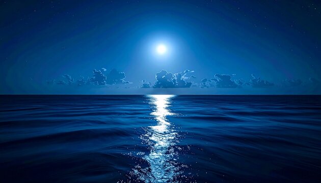 Serene night ocean scene with a bright moon reflecting light across the dark waves