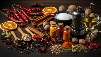 Assortment of colorful spices and ingredients for cooking on dark wooden surface food kitchen