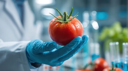 close up hand scientist hold tomato in technology laboratory. GMO and laboratory studies, vegetable, laboratory, biology, science, agriculture, chemical, research, modification