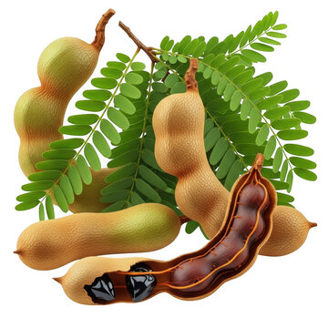Fresh tamarind pods with green leaves, tropical tamarindus indica fruit with brown pulp and seeds, exotic spice ingredient on white background