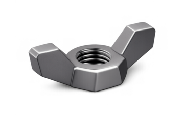 Wing nut made of silver metal, a hardware fastener component for industrial engineering and mechanical work, transparent background
