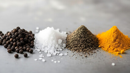 Piles of black peppercorns coarse salt ground pepper and turmeric powder image