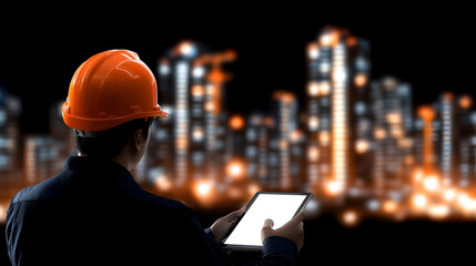 Construction worker using tablet in front of cityscape at night