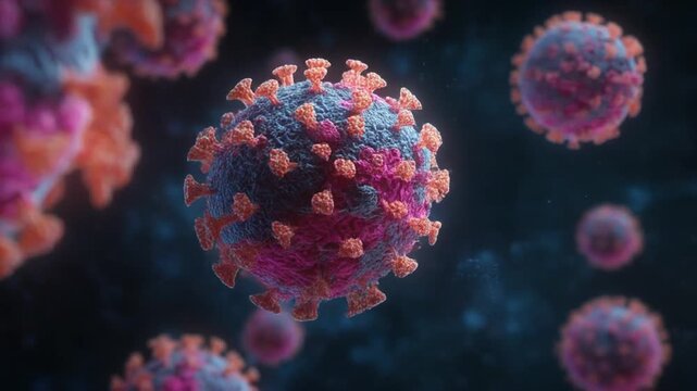 Close-up of pink-orange spiked virus particles drifting in a dark azure field, glowing softly, vivid