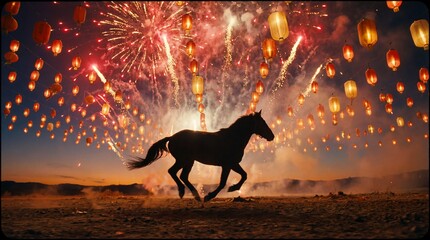 Dramatic silhouette of a powerful black horse galloping beneath exploding fireworks and illuminated Chinese lanterns at twilight.