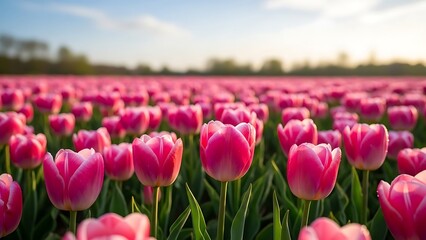 Obraz premium Vibrant field of pink tulips under blue sky