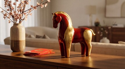 Elegant Chinese New Year Decoration: Red and Gold Horse Statue, Hongbao Envelopes, and Plum Blossoms in a Warm Modern Living Room Setting.